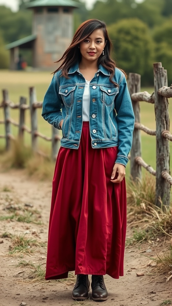 A person wearing a vintage denim jacket and a red midi skirt stands near a wooden fence in a natural setting.