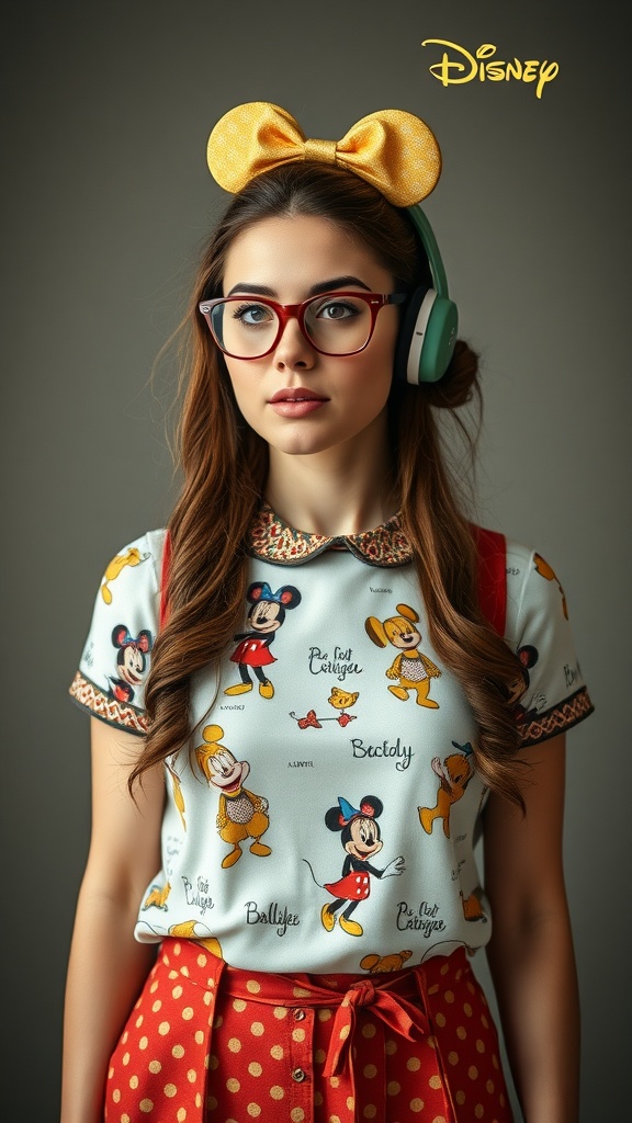 A young woman wearing a vintage Disney-inspired outfit with a light blue shirt featuring Disney characters, a red polka-dot skirt, and a yellow polka-dot bow headband.
