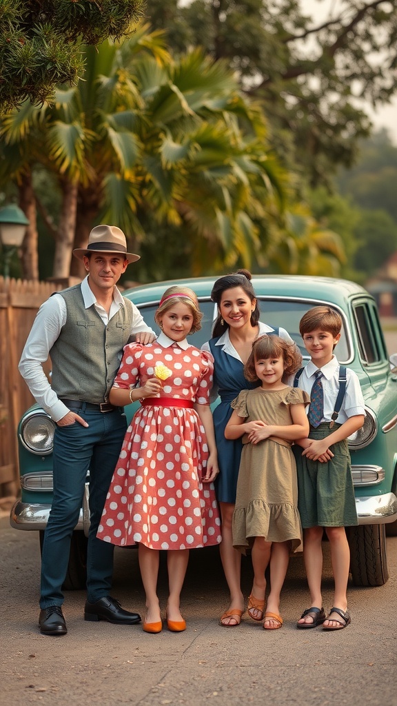 A family dressed in vintage Disney inspired outfits standing in front of a classic car.