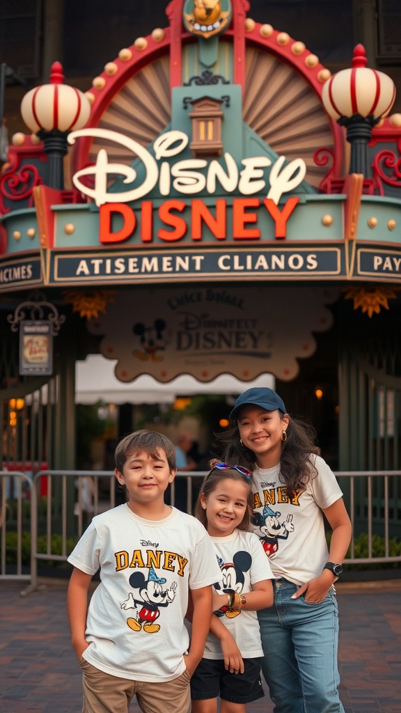 Three children wearing vintage Disney T-shirts featuring Mickey Mouse, smiling in front of a Disney sign.