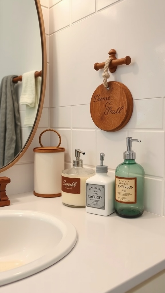 A vintage farmhouse bathroom setting with wooden and ceramic accessories, including a round mirror, soap dispensers, and a wooden sign.