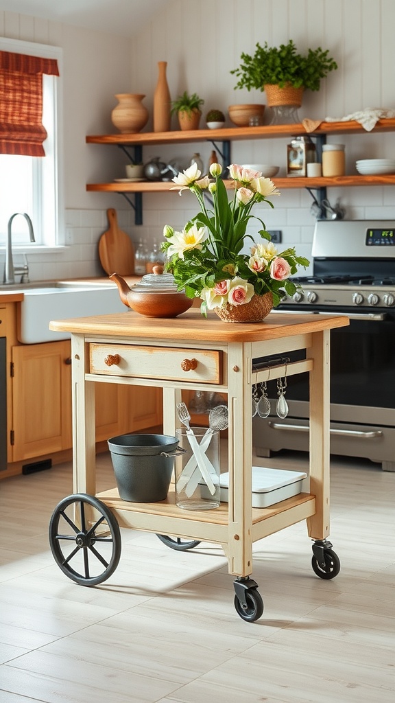 A vintage farmhouse cart island in a kitchen with a wooden top, flowers, and storage below.