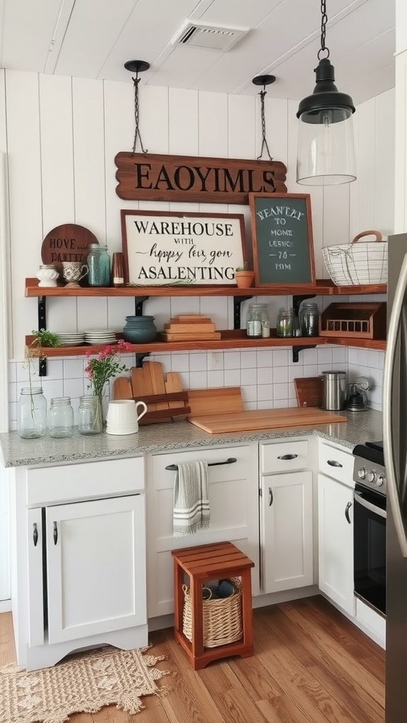 A cozy vintage farmhouse kitchen with white cabinets, wooden shelves, and rustic decor.