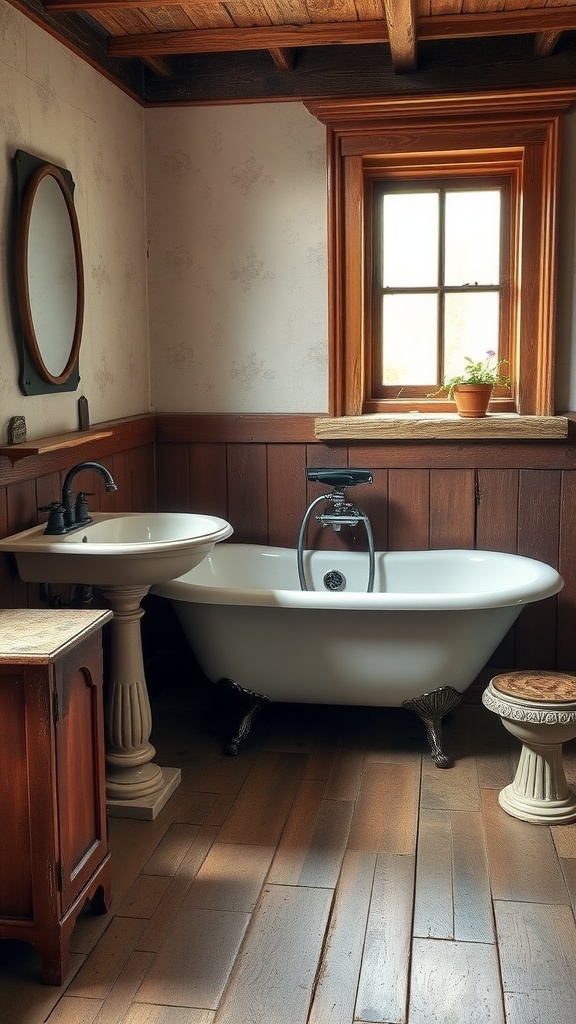 A rustic farmhouse bathroom featuring a vintage bathtub, pedestal sink, and warm wooden details.