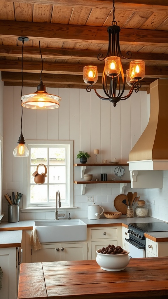 A cozy vintage farmhouse kitchen with a chandelier and pendant lights, showcasing warm wooden beams and a rustic design.