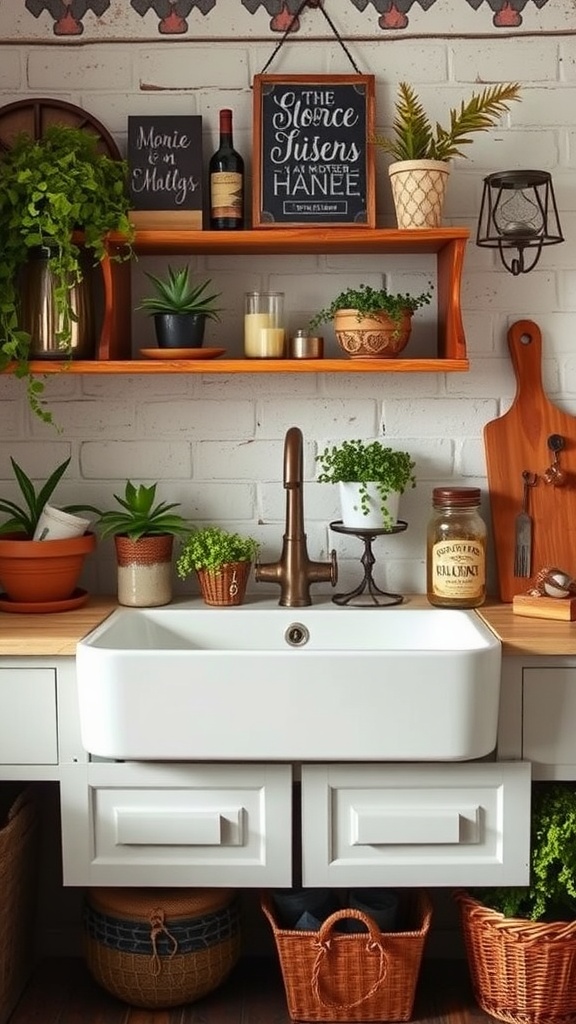 A vintage farmhouse bathroom sink with plants and decorative items on wooden shelves.
