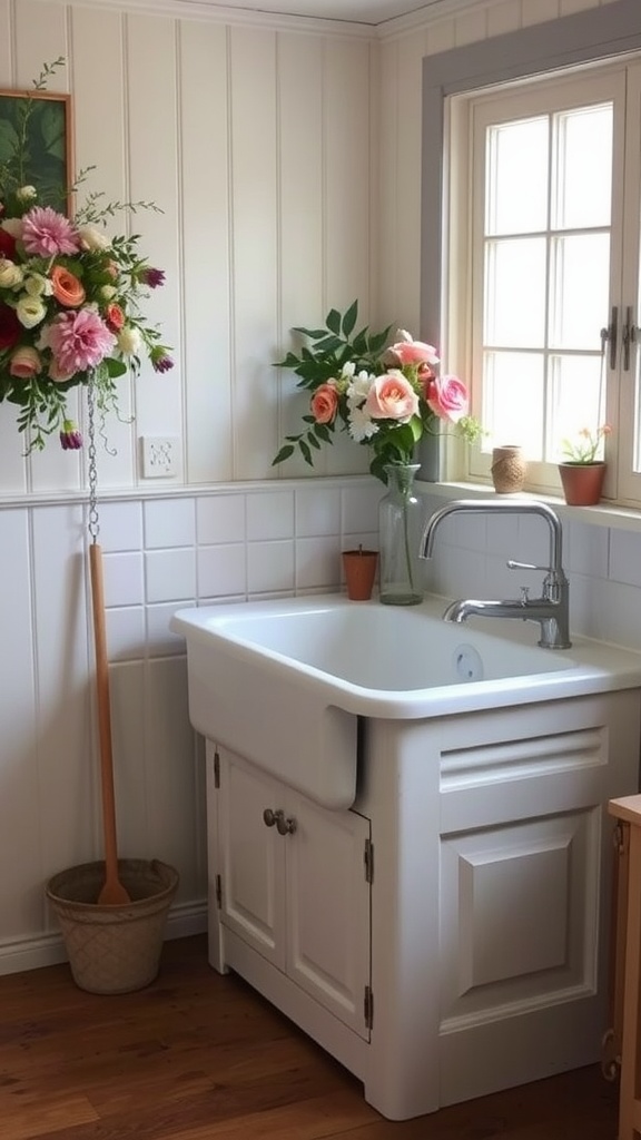 A vintage farmhouse sink with flowers in a cozy kitchen setting.