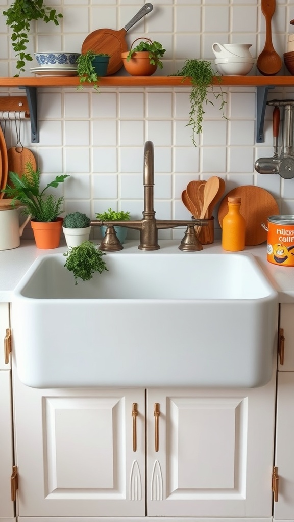 A vintage farmhouse sink with apron front surrounded by plants and kitchen utensils.