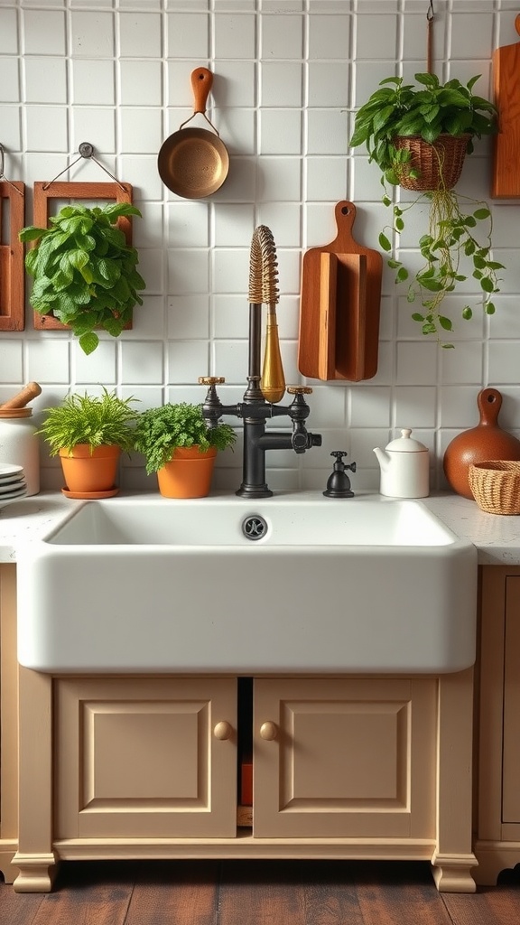 A vintage farmhouse sink with brass fixtures, surrounded by potted plants and wooden kitchenware.