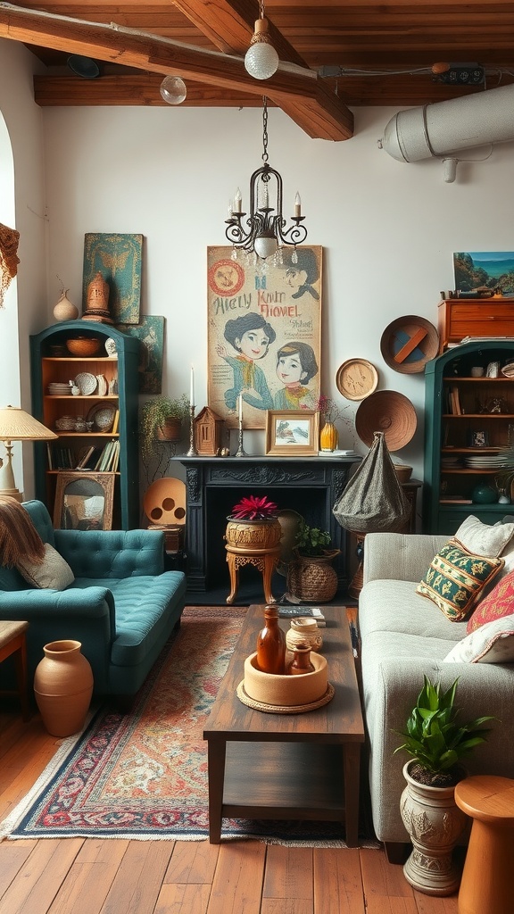 A boho living room filled with vintage furniture, colorful art, and plants.