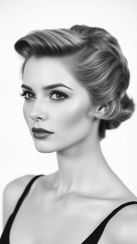 A model showcasing vintage finger waves hairstyle, emphasizing elegant curls framing the face.