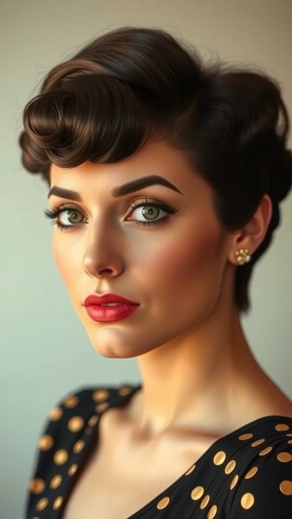 A woman with vintage finger waves hairstyle, showcasing elegant S-shaped waves and a classic red lip.
