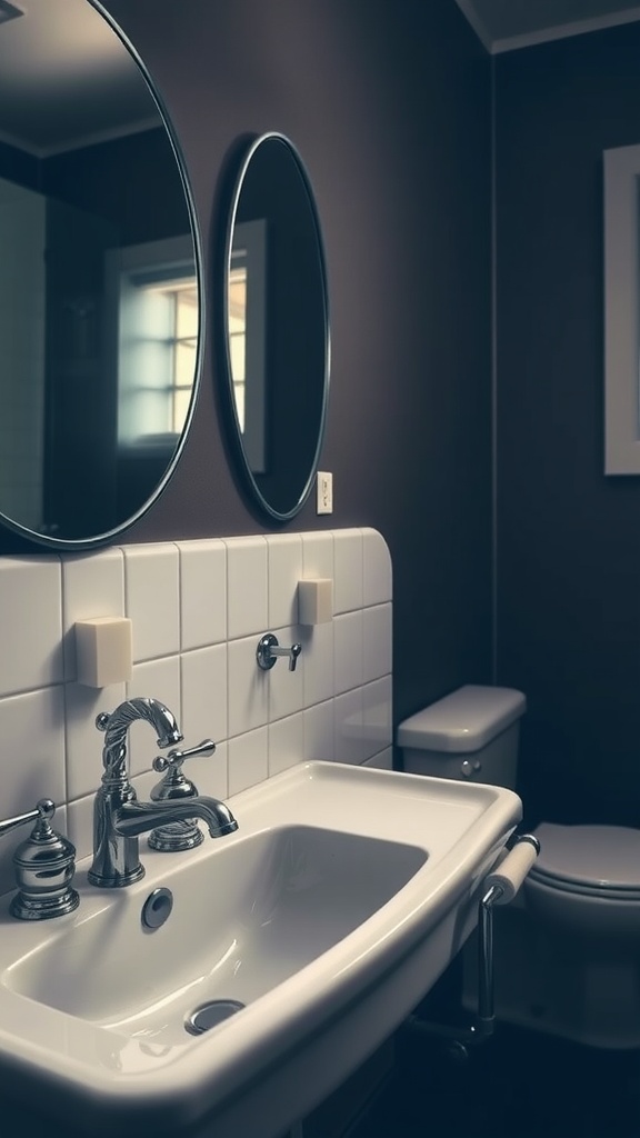A vintage bathroom featuring a white sink with chrome fixtures, dual round mirrors, and dark wall paint