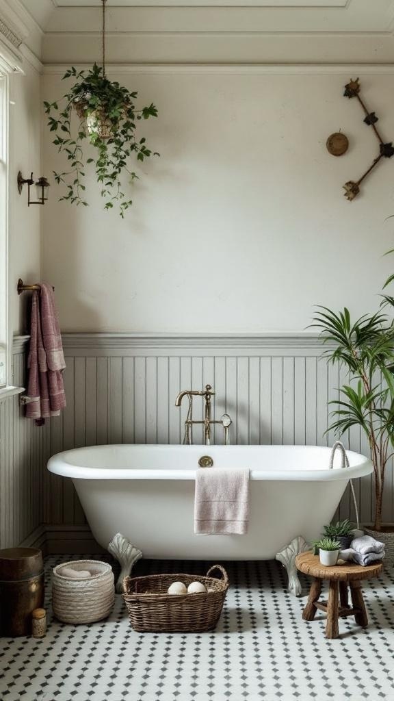 A clawfoot tub in a vintage-style bathroom with plants, towels, and accessories.