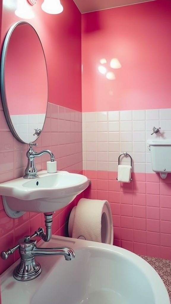 A pink retro bathroom featuring vintage fixtures and faucets.