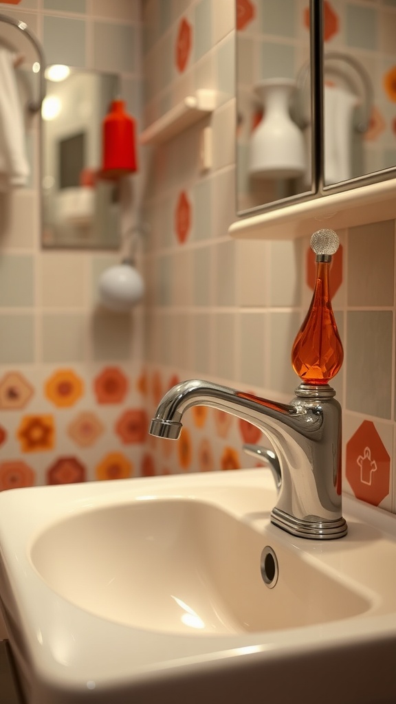 A close-up view of a vintage bathroom featuring a chrome faucet, orange decorative bottle, and patterned tiles.