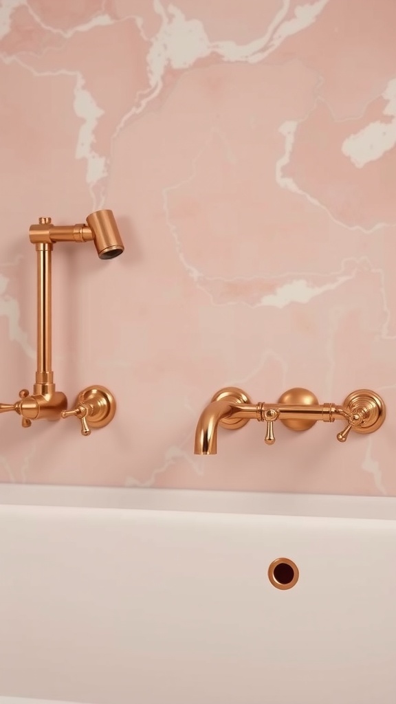Rose gold bathroom fixtures against a pink wall.