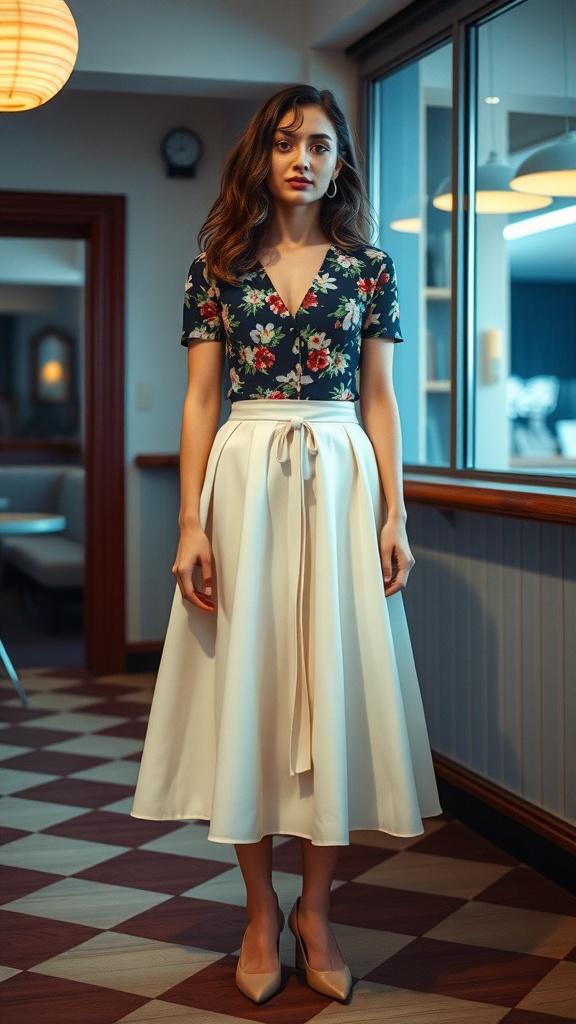 A woman wearing a floral print top and a white midi skirt standing indoors.