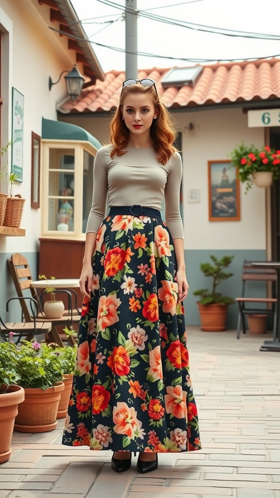 A woman wearing a floral skirt and fitted top, posing in a quaint outdoor setting.