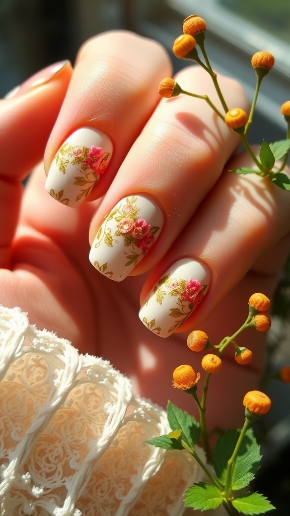Close-up of hands with vintage floral gold nail art on nails, featuring pink roses and golden leaves.