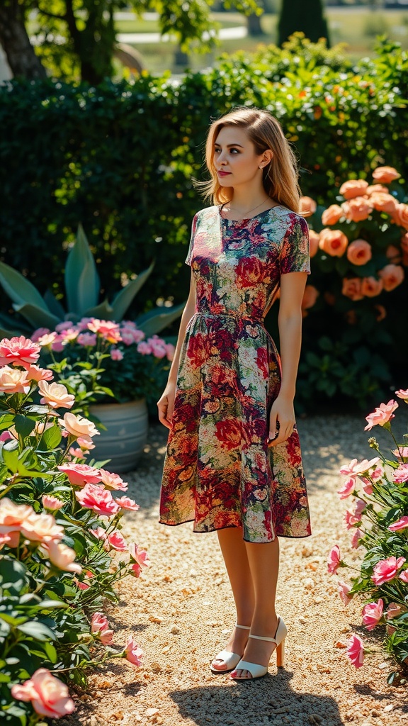 A woman in a vintage floral midi dress standing in a garden surrounded by flowers.