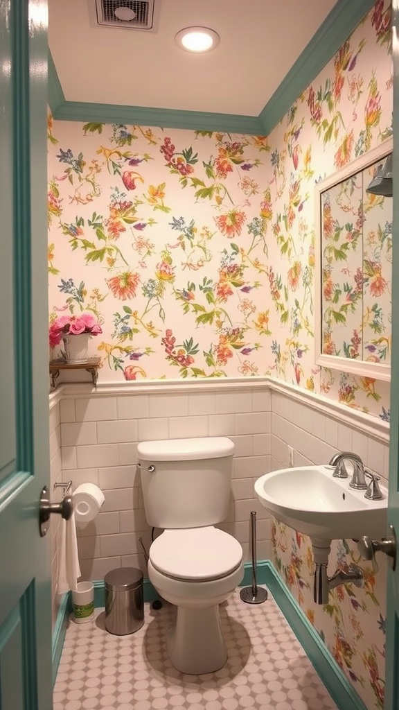 A guest bathroom with vintage floral wallpaper, featuring colorful flowers and birds on a soft background.