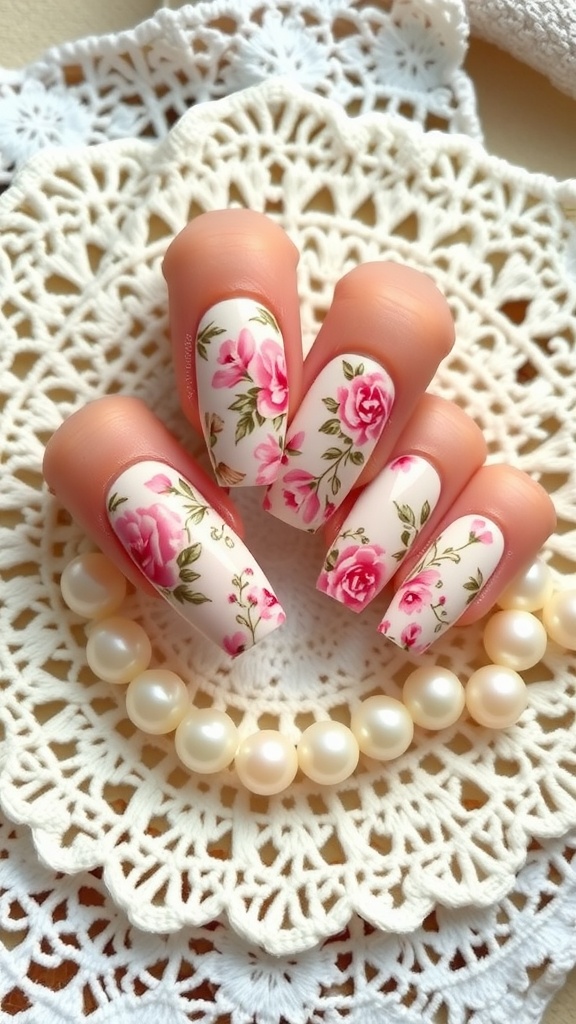 A set of long nails with vintage floral patterns featuring pink roses on a white background, placed on a lace doily with a pearl bracelet.