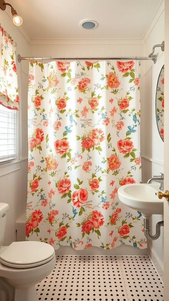 Shower curtain with vintage floral patterns in a bright bathroom