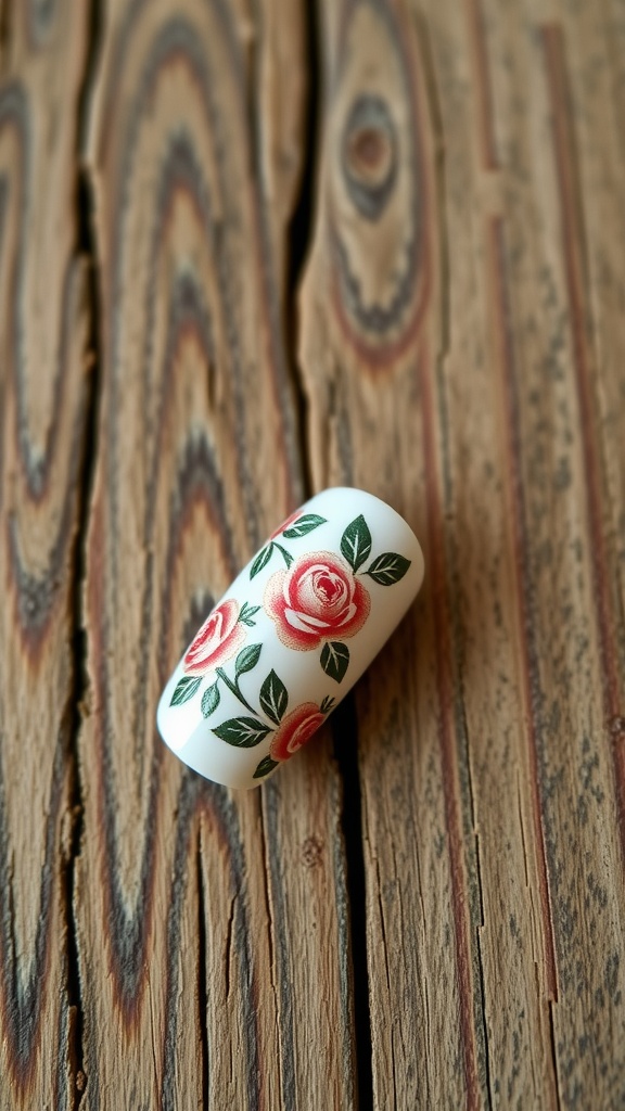 Nail design featuring vintage floral patterns with gold highlights.