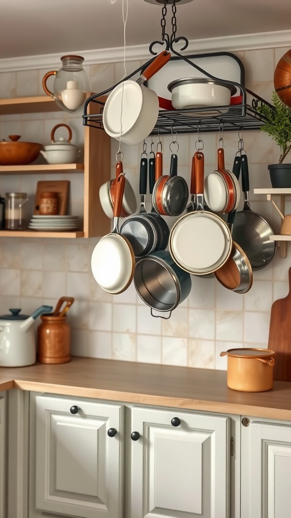 A vintage French kitchen with cookware hanging on a rack, showcasing an inviting and rustic design.