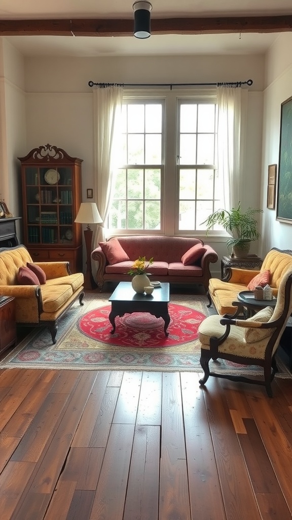 Cozy western farmhouse living room with vintage furniture including a red couch and yellow chairs.