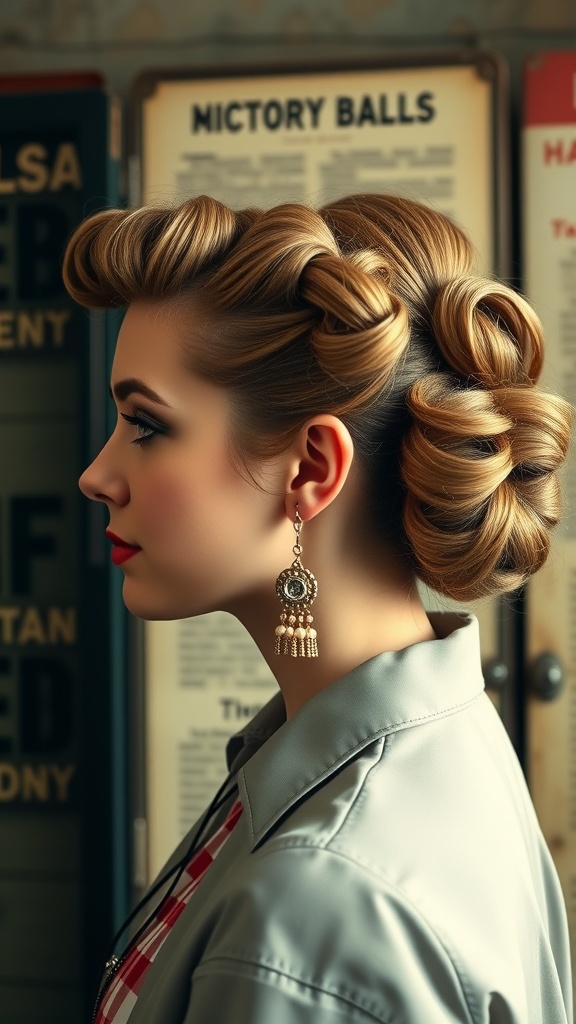 A close-up of a woman with a vintage half updo hairstyle featuring victory rolls, wearing elegant earrings.