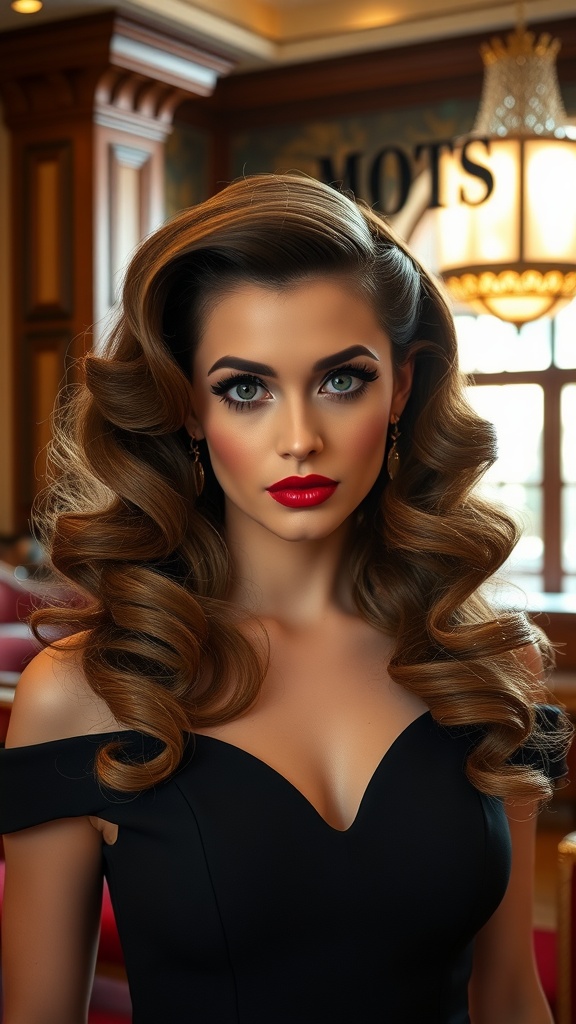 Model with vintage Hollywood glam waves hairstyle and bold red lips