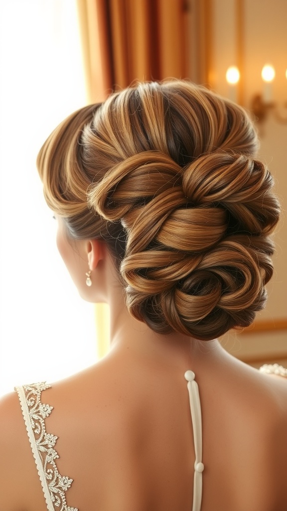 A beautiful updo hairstyle featuring vintage Hollywood waves, showcasing intricate twists and warm hair tones.