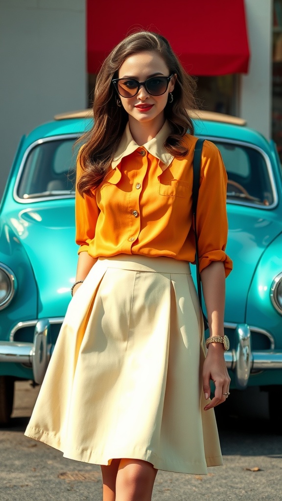 Woman in an orange blouse and yellow A-line skirt, standing in front of a vintage car.
