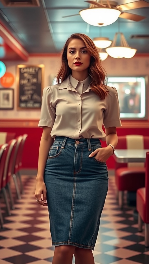 Model wearing a fitted denim skirt and a retro blouse in a vintage diner setting.