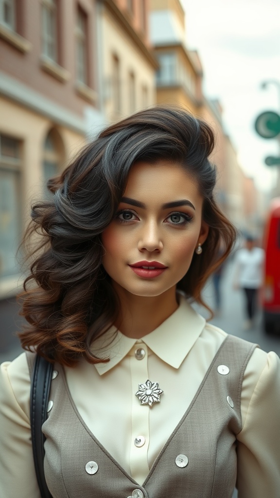 A close-up of a woman with vintage-inspired half up half down hairstyle, featuring soft curls and a stylish outfit, set against an urban backdrop.
