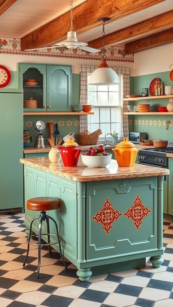 A vintage inspired kitchen island with teal color, decorative elements, and colorful kitchenware.