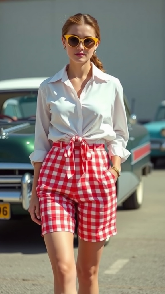 A woman wearing red gingham shorts and a white blouse with yellow sunglasses, standing in front of vintage cars.