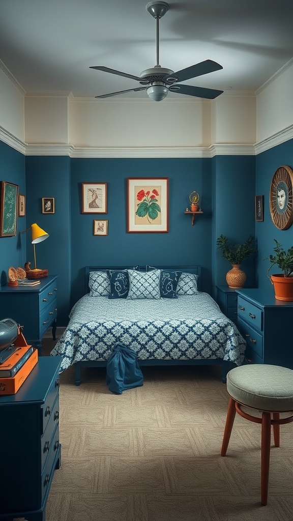 A vintage-inspired navy blue bedroom with floral patterns and classic decor.