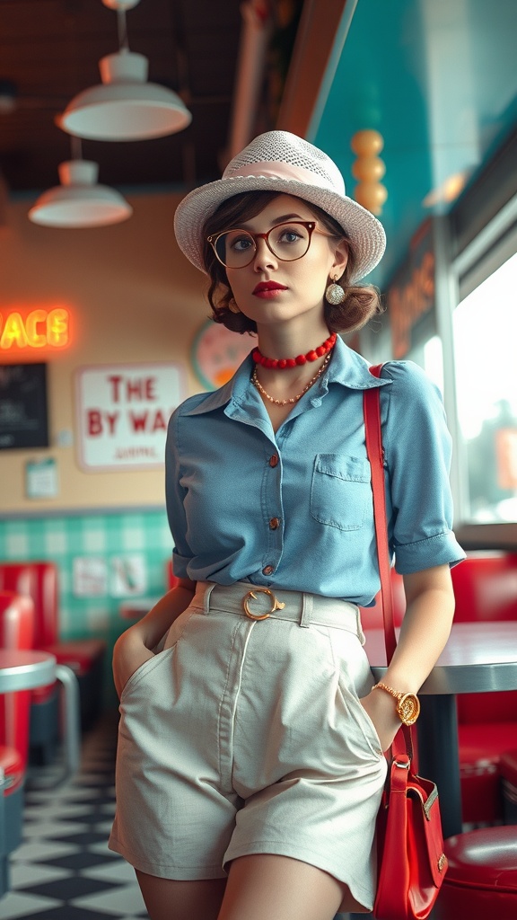 A woman in a vintage-inspired outfit featuring a light blue shirt, beige high-waisted shorts, and a straw hat, accessorized with a red bag and round glasses, standing inside a retro diner.