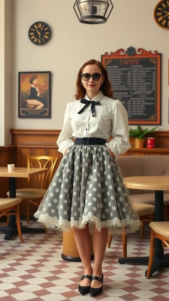A woman wearing a vintage inspired tulle skirt with polka dots, paired with a white blouse and black flats, standing in a cozy café setting.