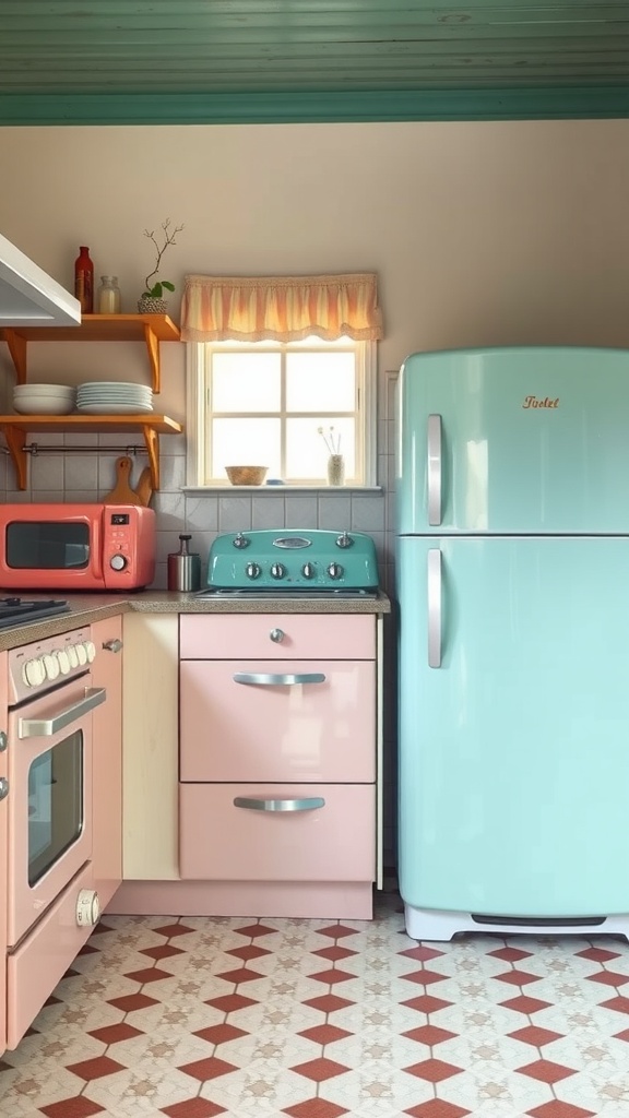 Vintage kitchen with pastel appliances, including a mint green fridge and pink stove, set in a cozy farmhouse style.
