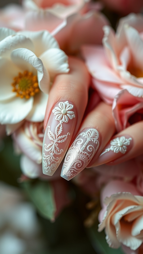 Close-up of coffin-shaped nails with vintage lace design and floral accents