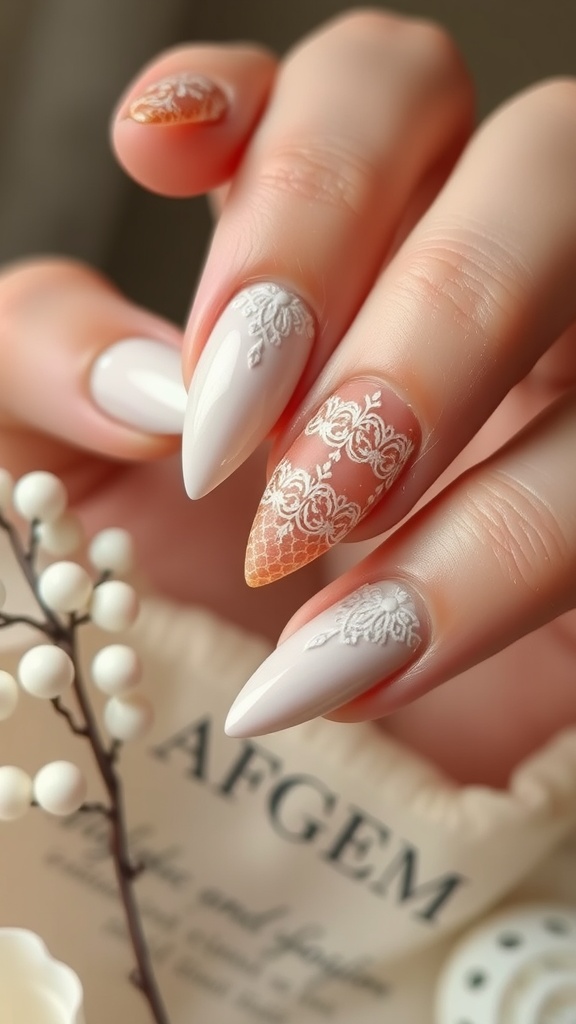 A close-up of elegantly styled nails featuring vintage lace designs in soft colors.