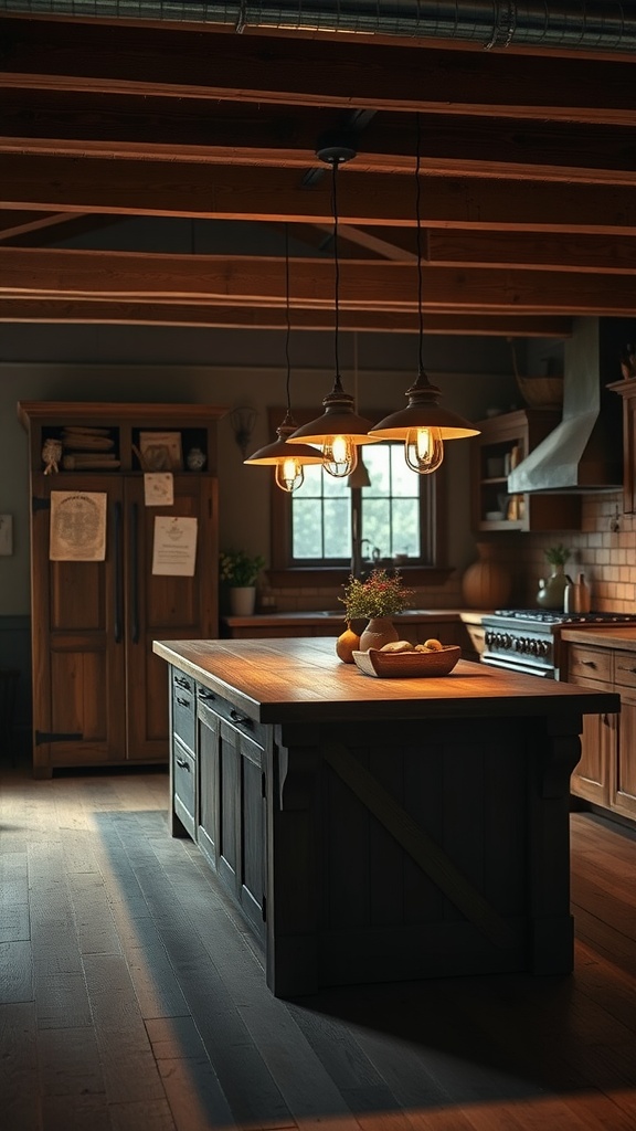 A rustic farmhouse kitchen island illuminated by vintage pendant lighting.