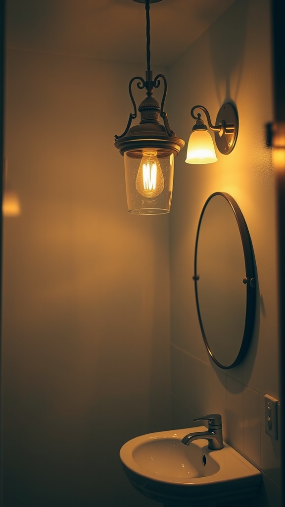 Vintage-style lighting fixtures in a bathroom, including a hanging lantern and a wall sconce.