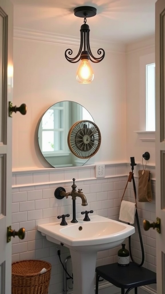 A modern bathroom featuring a vintage black metal lighting fixture hanging above a white sink.