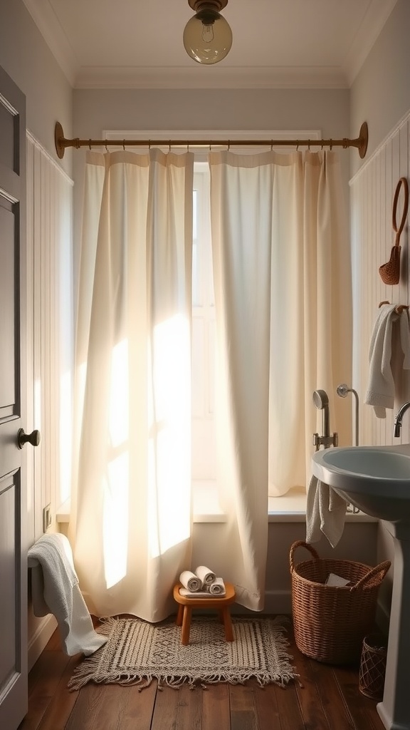 A vintage farmhouse bathroom with light linen curtains, a wooden stool with rolled towels, and a woven rug
