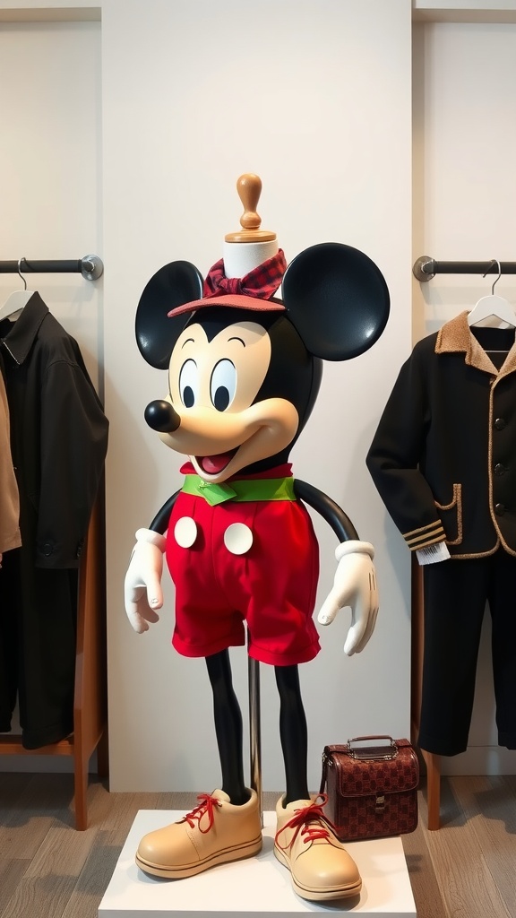 A vintage Mickey Mouse outfit displayed on a mannequin, featuring red shorts, oversized shoes, and a playful hat.